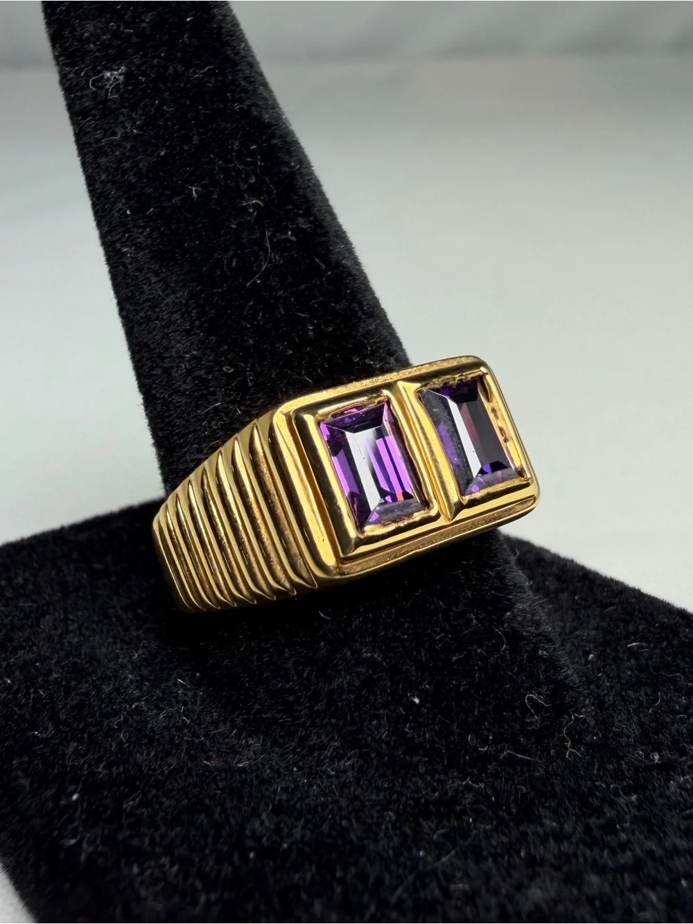 Natural Amethyst 2 Stone Ring 1.60ctw Emerald Cut Gold Over 925 Sterling Sz 8